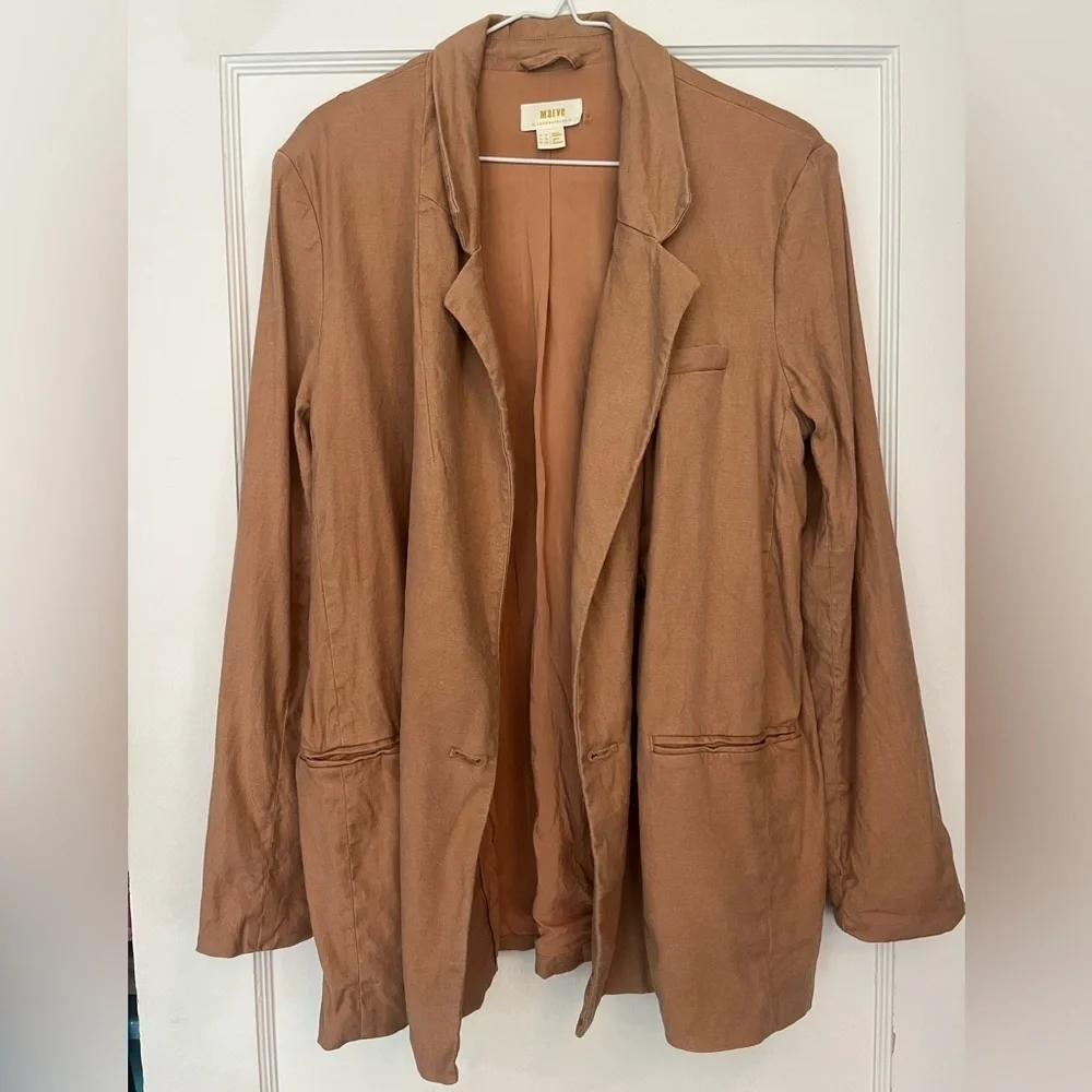 Anthropologie Maeve Linen Oversized Relaxed Tan Double-Breasted Blazer Size 10 - Picture 2 of 5